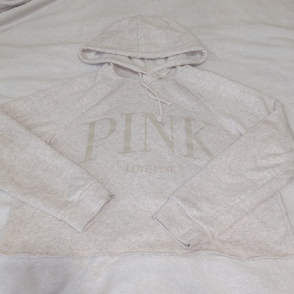 PINK Victoria's Secret Campus Fleece Cropped Hoodie Raw Hem Logo Sweatshirt M - Picture 3 of 8